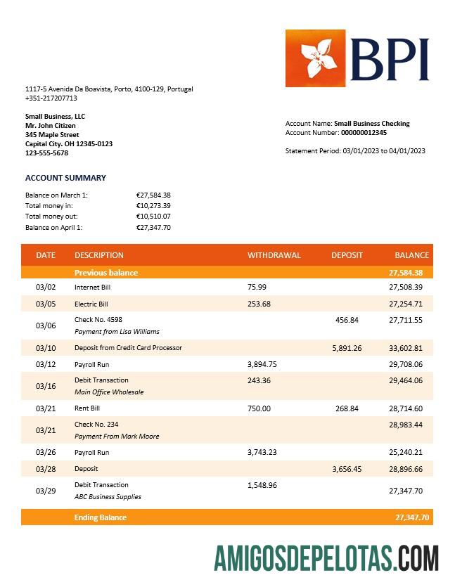 Baixável Banco BPI Firm modelo de extrato de conta Word e PDF